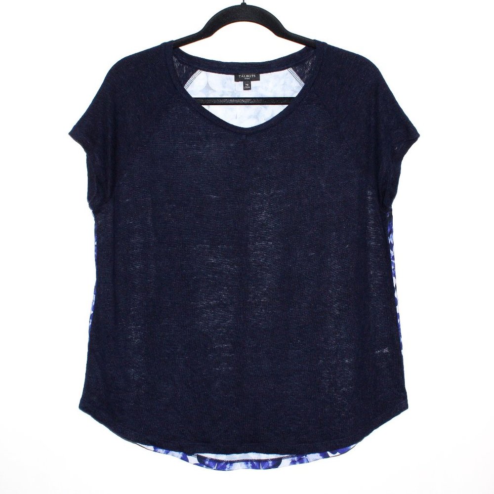 Talbots Linen and Geometric Floral Print Cap Sleeve Tee